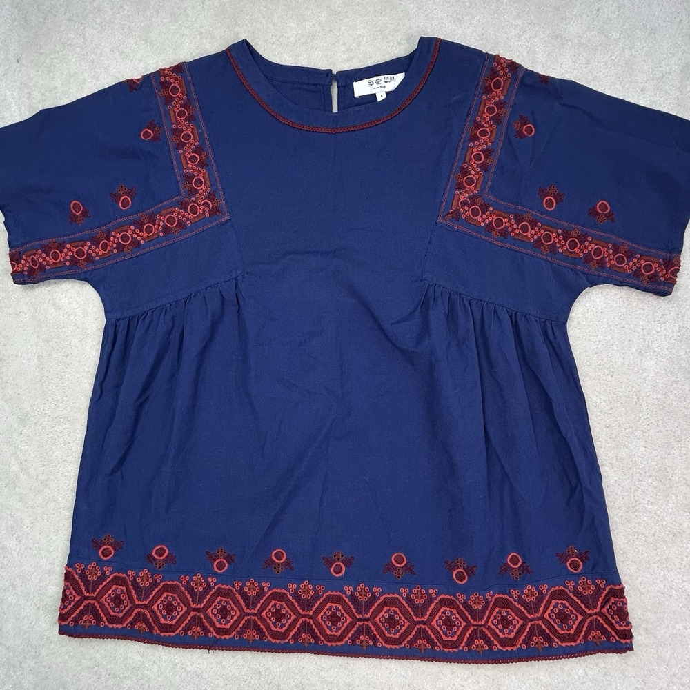 Sea New York Women's 8 Blue & Red Short Sleeve Embroidered Blouse Shirt